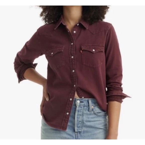 Levis Tops - Levis Womens Western Snap Front‎ Shirt Burgundy Cotton Long Sleeve 86832-0040 L